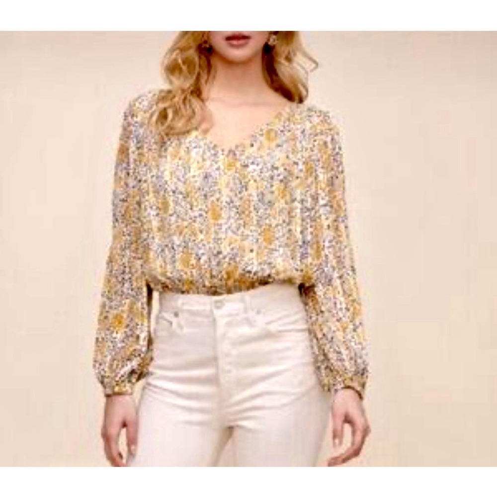 ASTR the Label Floral Pleated Balloon Sleeve Blouson Top Women's Size Small